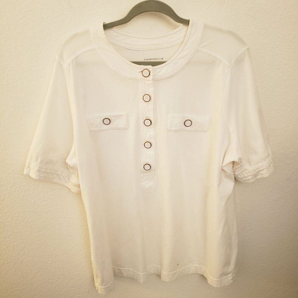 Charter Club Cotton Short Sleeve White Pullover Top w/Button Detail 2X EUC